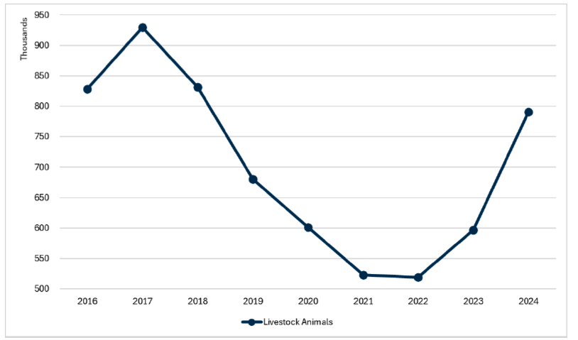 Line graph showing the number of livestock animals inspected by local authorities between 2016 and 2024. Inspection numbers were declining from 2017 to 2022 but have increased in recent years. 