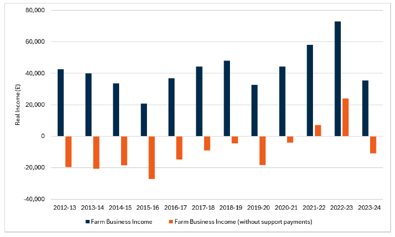 Bar chart showing the real average farm business income with and without subsidy between 2012-13 and 2023-24. Average farm income hit a record high in 2022-23. 