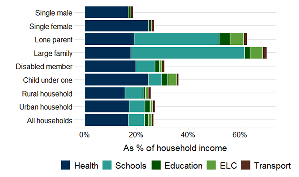 A graph showing the average government spend among all households. This is shown as a percentage of household income for a set of household types including single male, single female, lone parent, large families, disabled member, child under one, rural, urban and all households. Each bar on the chart is split into government spend on transport, ELC, higher and further education, schools and health.
