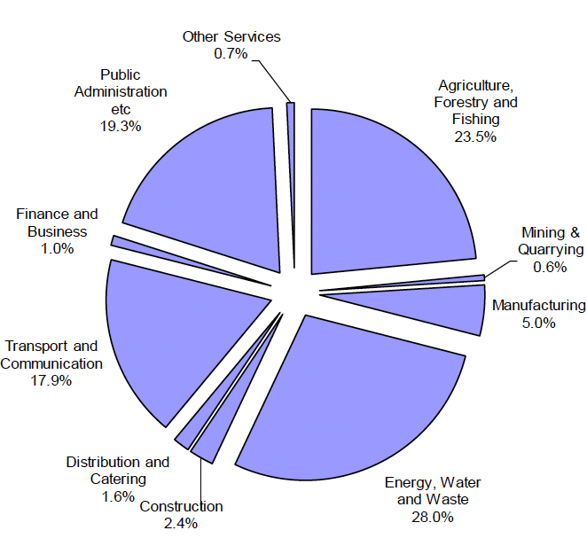 Pie chart showing domestic emissions by industrial sector, with “Energy, Water and Waste” having the largest share, followed by “Agriculture, Forestry and Fishing”, then Public Administration, and subsequently “Transport and Communication”, while other sectors contribute much smaller amounts.