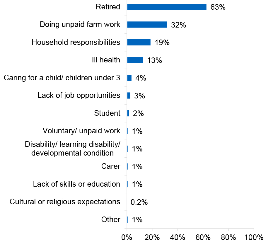 Bar chart showing retirement is the most common reason adults are not in paid work, followed by unpaid farm work and household responsibilities.