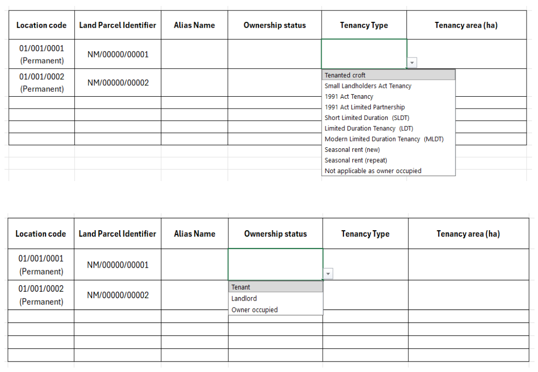 The screenshot provides a preview of the recommended format for introducing agricultural tenancy questions via the SAF. 