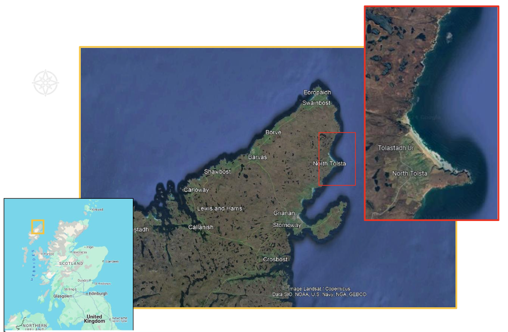 Map of stranding location, Isle of Lewis, UK (inset in red)