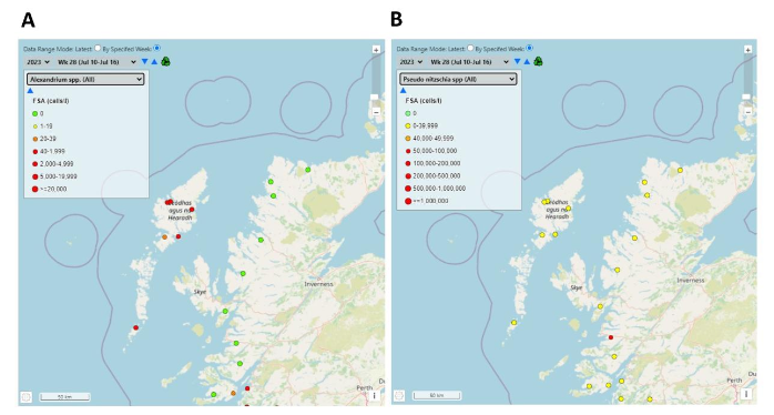 Harmful Algal Bloom, Biotoxin Monitoring and Risk Assessment map of the west coast of Scotland for the period of the 10 – 16 July 2023.