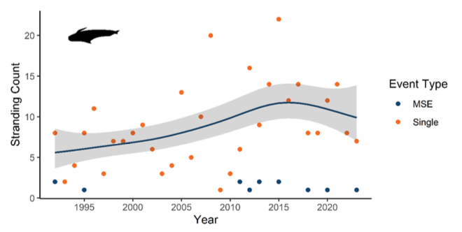 Annual trends in stranding rates of long-finned pilot whales from 1992 – 2023 with black curve generated from general additive modelling and grey band representing 95% confidence intervals. Orange points show single events, blue points show mass stranding events. 