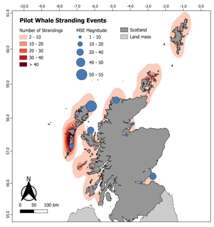 Stranding abundance map of long-finned pilot whale stranding events in Scotland between 1992-2023 using a kernel density estimate with a 50km radius. Darker red colouring shows a higher density of single stranding events. Blue dots show location of mass stranding events, with the size correlating to the magnitude of the event.