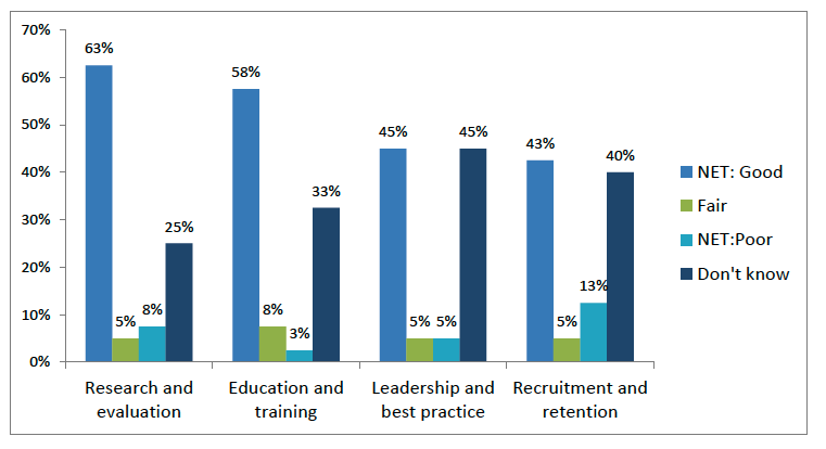 Clustered bar chart showing ratings of perceived progress across the National Centres four areas. For Research and evaluation, 63% rated ‘Good,’ 5% ‘Fair,’ 8% ‘Poor,’ and 25% ‘Don’t know.’ For Education and training, 58% ‘Good,’ 8% ‘Fair,’ 3% ‘Poor,’ and 33% ‘Don’t know.’ For Leadership and best practice, 45% ‘Good,’ 5% ‘Fair,’ 5% ‘Poor,’ and 45% ‘Don’t know.’ For Recruitment and retention, 43% ‘Good,’ 5% ‘Fair,’ 13% ‘Poor,’ and 40% ‘Don’t know.’ Bars are colour‑coded by rating category.