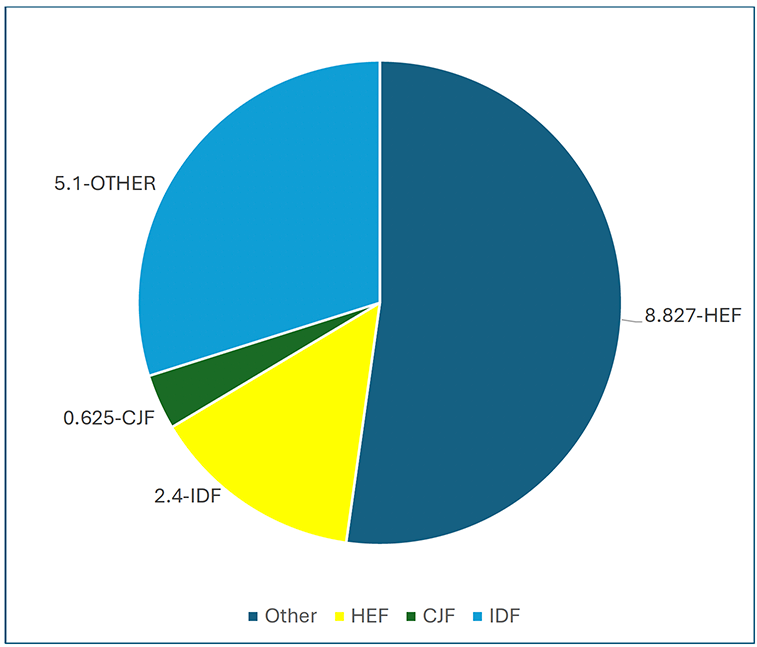 Pie chart showing budget allocation from FY 2018–2025 (as of December 2024) in GBP. HEF is the largest share at £8.827m, followed by Other at £5.1m, IDF at £2.4m, and CJF at £0.625m.