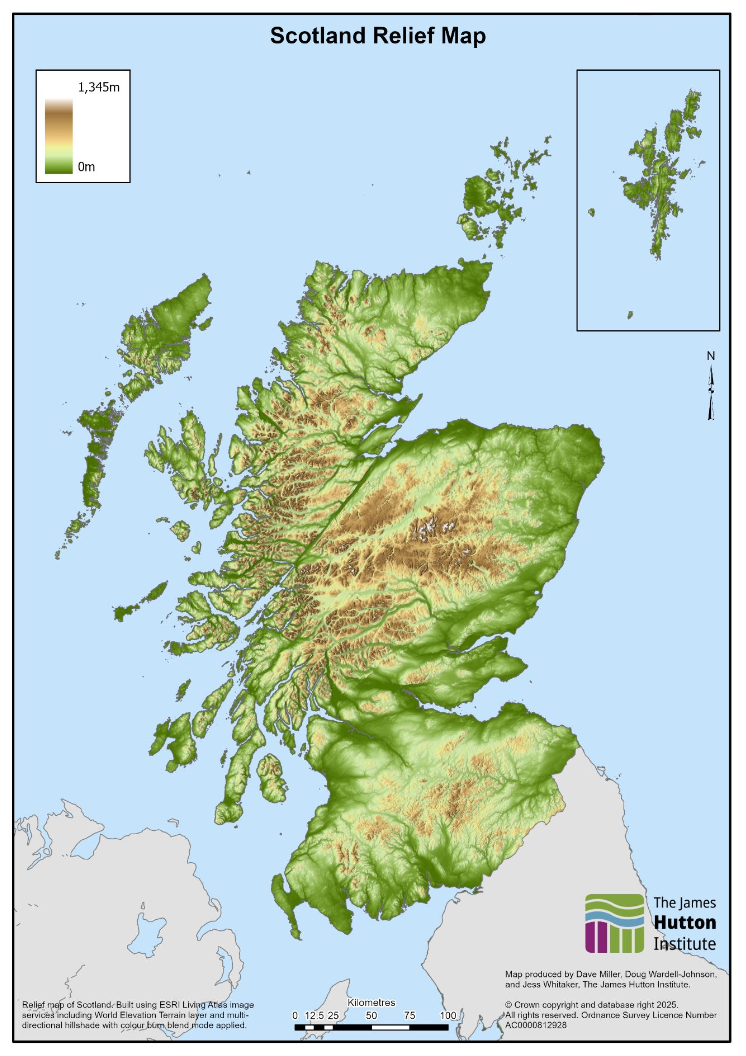 A map of Scotland, showing areas of high elevation in the highlands and northwest, and areas of low elevation in the central belt and northeast. 