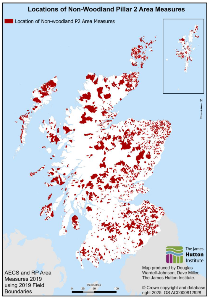 A map of Scotland with land parcels that claimed non-woodland pilllar 2 measures in 2019.