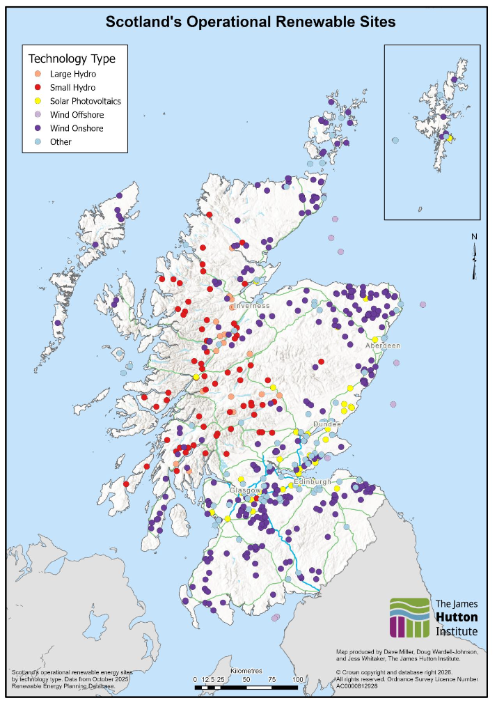 A map of Scotland showing the point locations of operation renewable energy sites as of October 2025. 