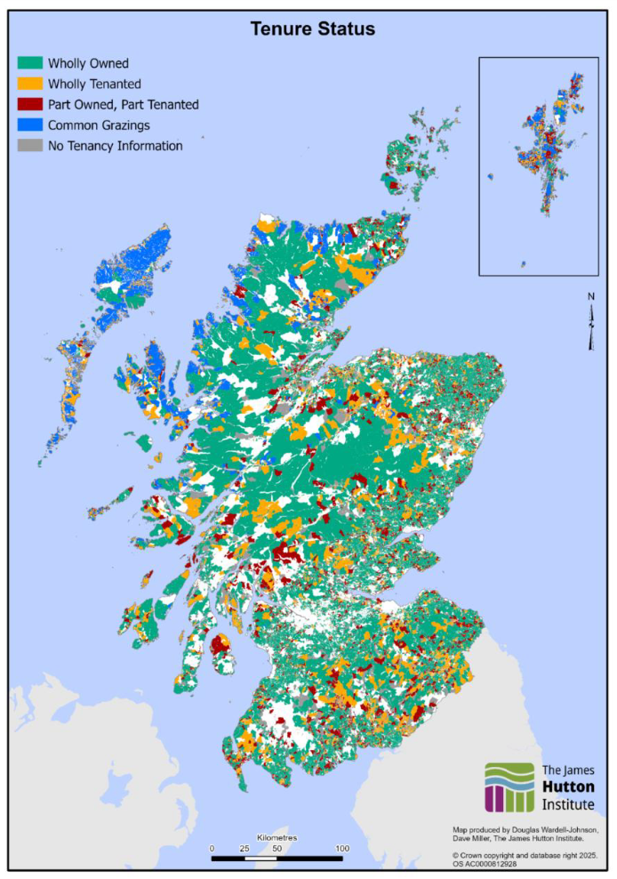 A map showing the tenancy status of agricultural land parcels across Scotland. 