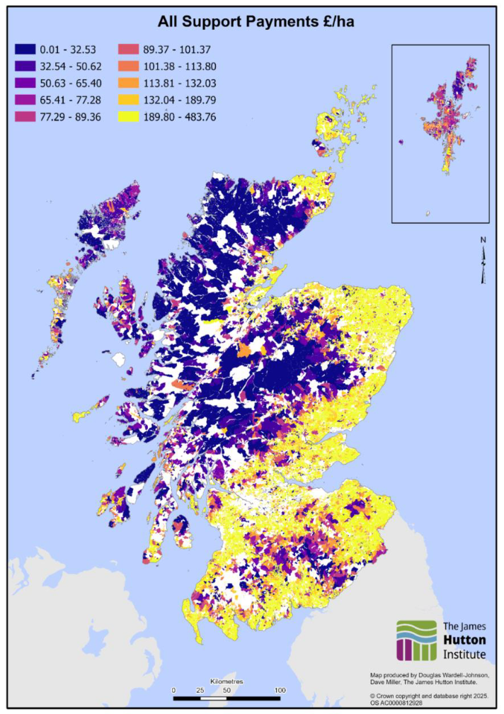 A map showing total pillar 1 and pillar 2 support payments per hectare in Scotland in 2022. 