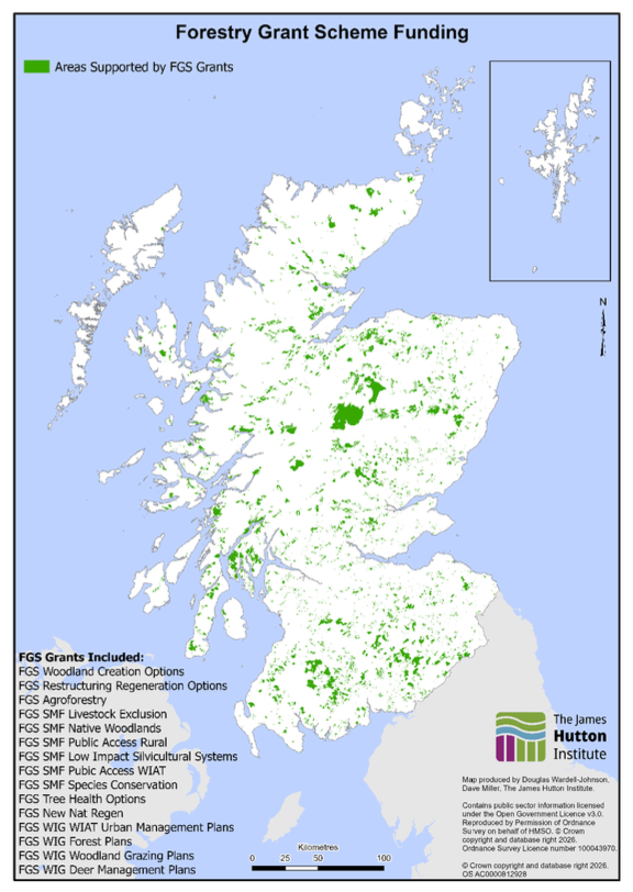 The map shows Scotland at national with areas supported by various Forestry Grant Scheme grants displayed.