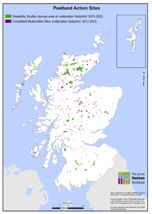 A map showing Scotland's Peatland ACTION sites, split by restoration and feasibility study.