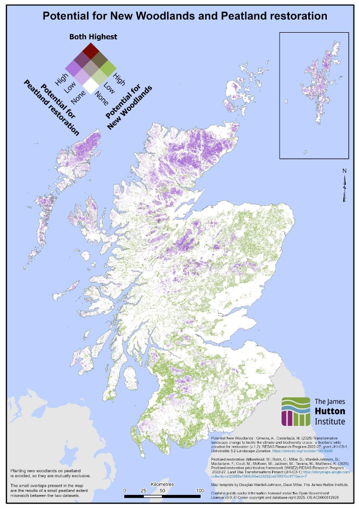 A map of Scotland comparing areas with potential for new woodlands with potential for peatland restoration. 