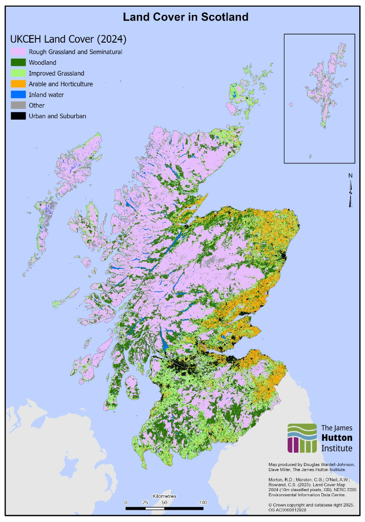 A Land Cover map of Scotland using the 10-metre classified pixel dataset for 2024 from the UK Centre for Ecology and Hydrology. 