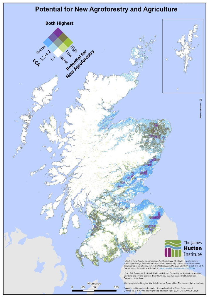 A map of Scotland comparing areas of potential for new agroforestry to land capability for agriculture
