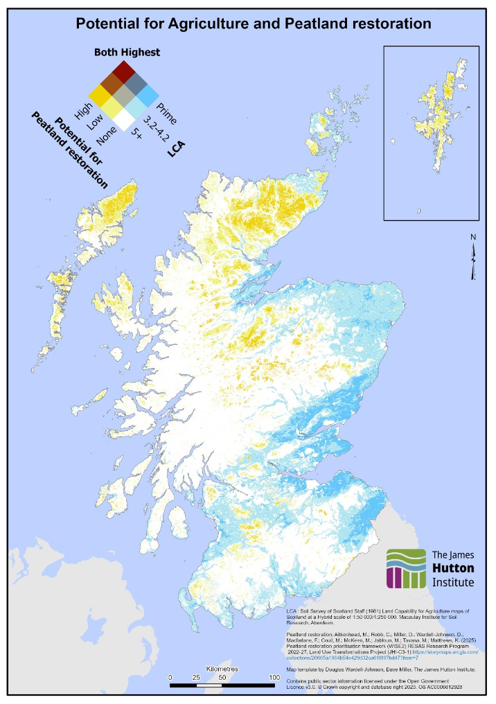 A map of Scotland comparing areas suitable for peatland restoration to land capability for agriculture
