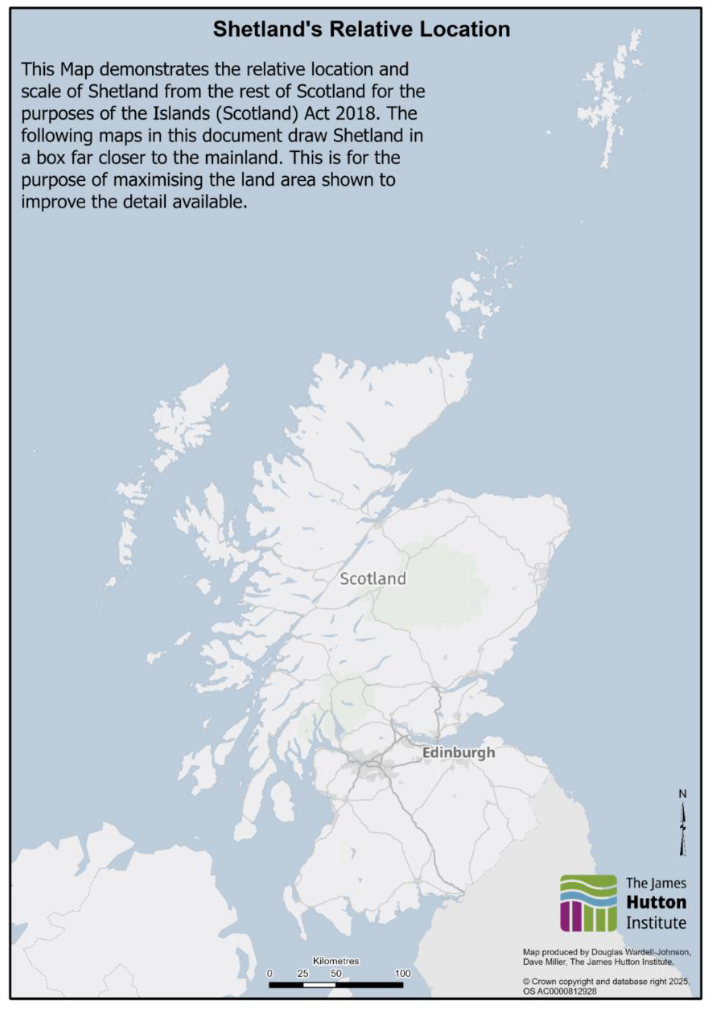 A map of Scotland showing Shetland in it's true geographic location for the purposes of the Islands (Scotland) Act 2018. 
