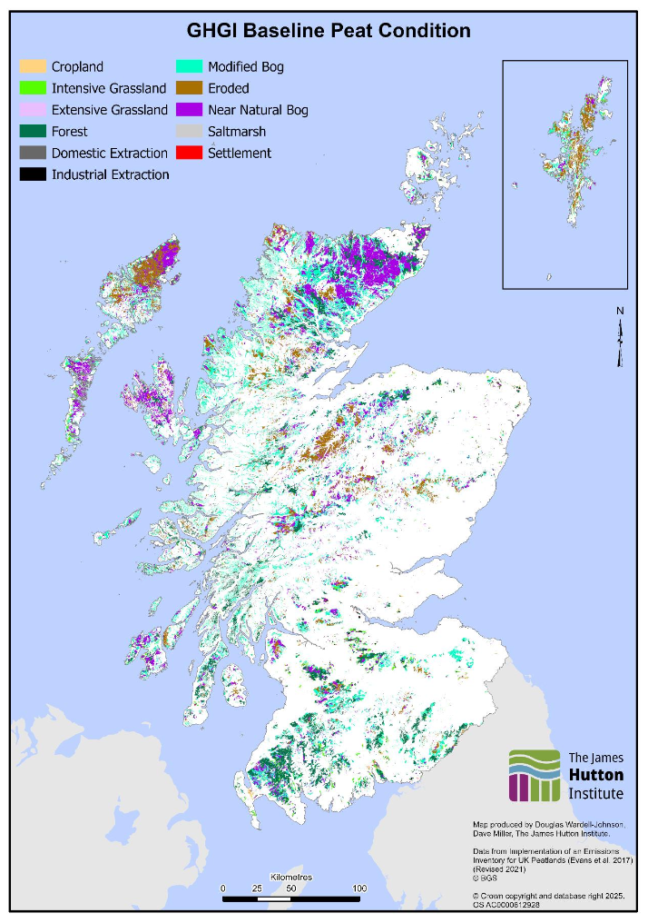 A map of peat condition in Scotland that underpins the UK greenhouse gas inventory. The north has more modified and near-natural bog, with the south having more afforested peat. 