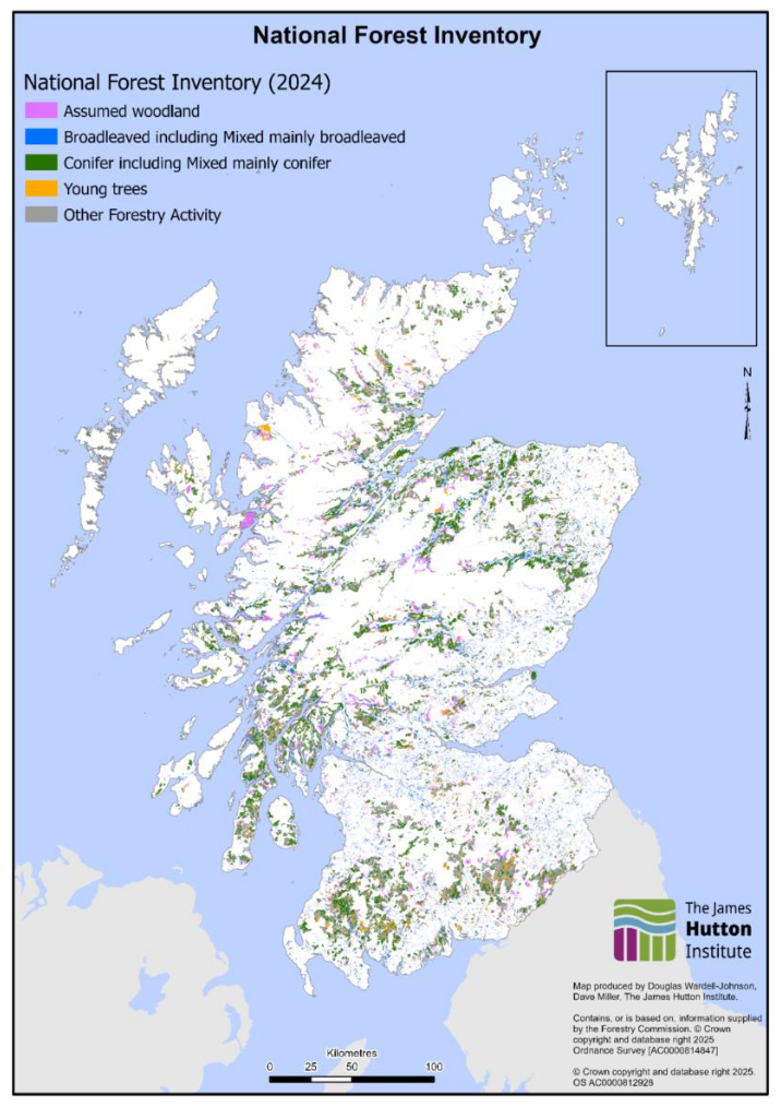 A map of Scotland's National Forest Inventory for 2024. 