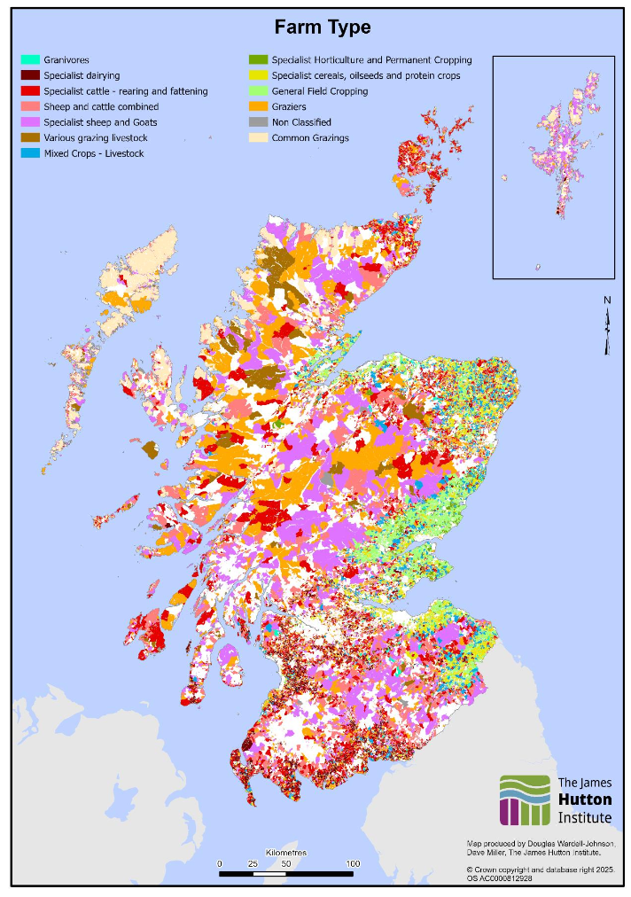 A map showing farm types across Scotland. The southwest has high densities of cattle and dairy production, most cropping occurs in areas of high land capability in lowland areas of the east coast, and upland, highland and island areas have a mix of grazing systems. 