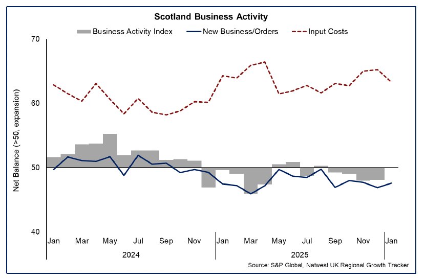 Line chart showing business activity was stable in January while new business orders remained subdued and input costs remained elevated. 