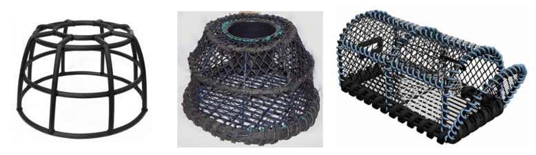 Diagram showing three designs of pots used in creel fishing. 