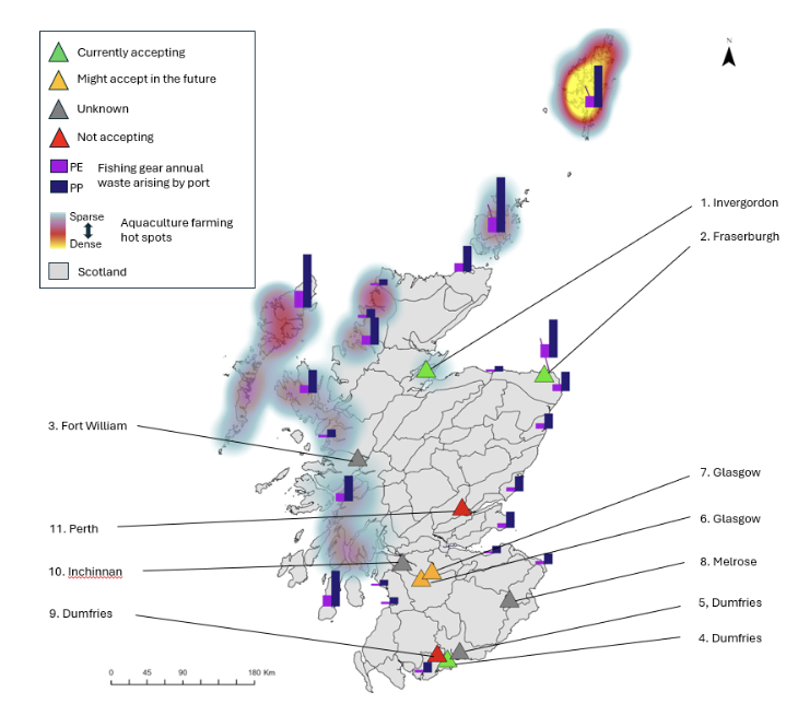 Map of Scotland showing locations of relevant recycling businesses.