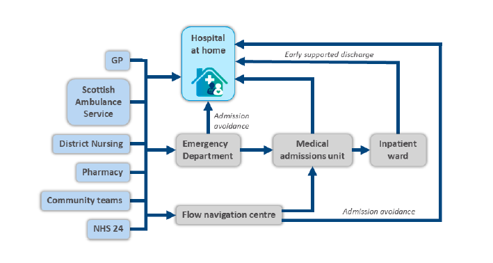 Flow chart showing routes for either admission avoidance or early supported discharge pathways into Hospital at Home.