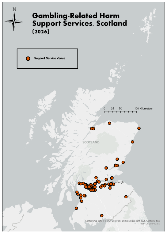 Map of Scotland showing the geographic location of support service venues for treating gambling-related harms. The map shows most provision across the central belt with limited provision in the Borders, Dumfries & Galloway, Grampian and with only two venues in the Highlands and Islands (both in Inverness).