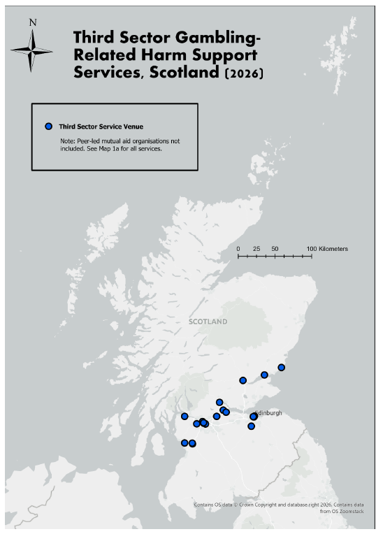 Map of Scotland showing the geographic location of third sector support service venues for treating gambling-related harms. The map shows most provision across the central belt and Fife with no provision elsewhere in the country.