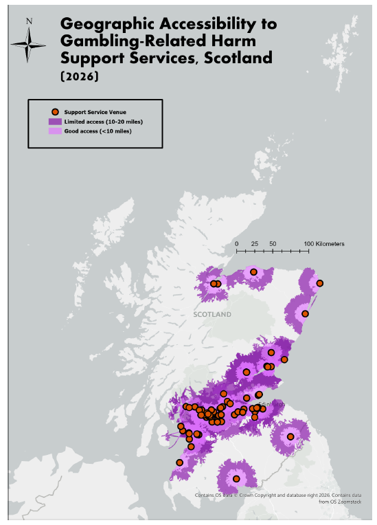 Map of Scotland showing the geographic accessibility to support service venues for treating gambling-related harms, split between good access (less than 10 miles from the venue) and limited access (between 10 and 20 miles from the venue). The map shows best access across the central belt with limited or no access in most of the Borders, Dumfries & Galloway, Grampian and Inverness. The map shows no access to any services in the rest of the Highlands and Islands.