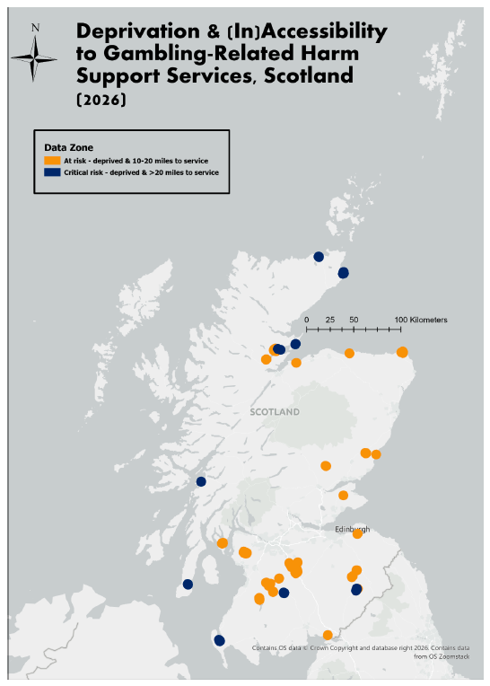 Map of Scotland showing the geographic accessibility to support service venues for treating gambling-related harms by those living in deprived areas, split into those more than 20 miles from the venue (designated as ‘Critical risk) and those between 10 and 20 miles from the venue (designated as ‘At risk). The map shows ‘At risk’ areas especially in the central belt, Borders, Fife and the Morayshire coast with ‘Critical risk’ in the Borders, Stranraer, Argyll, Easter Ross, Wick and Thurso.
