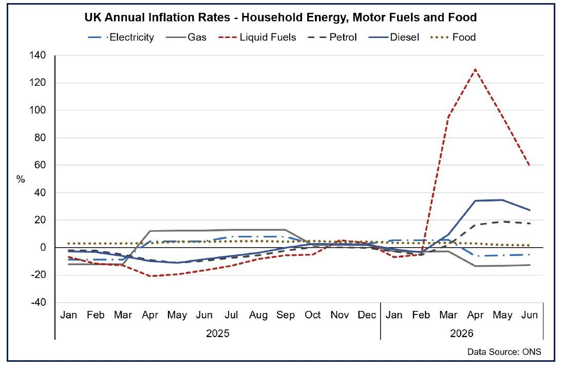 Chart showing UK annual inflation rates for liquid fuels, petrol and diesel eased in June.