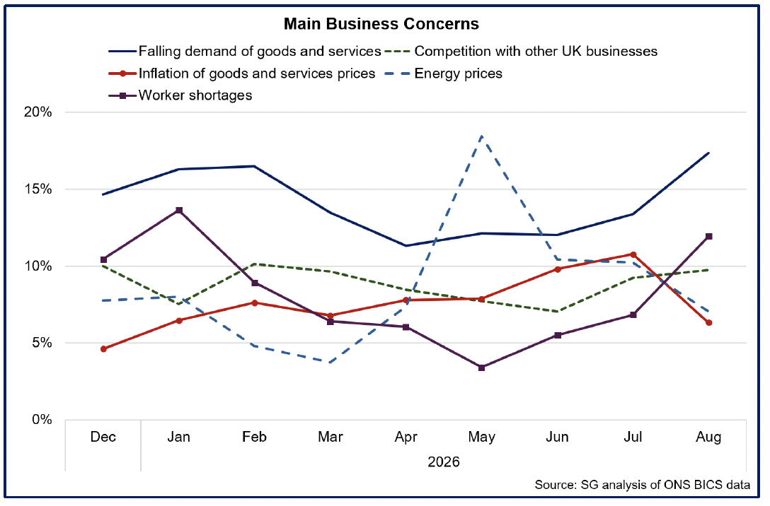 Chart showing falling demand for goods and services remained the main business concern for August.