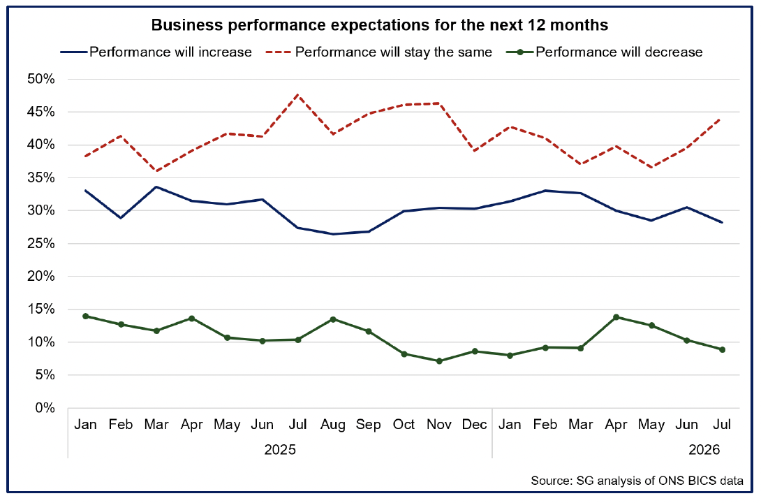 Chart showing an increase in the share of businesses in July expecting their performance to stay the same for the next 12 months.