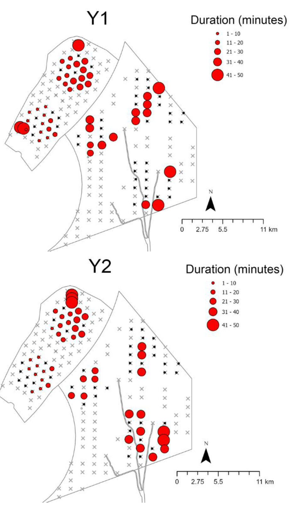 Two side-by-side maps display duration of events in minutes using red circles of varying sizes, with larger circles indicating longer durations ranging from 1 to 50 minutes. Both maps, labelled Y1 and Y2, feature a legend for circle sizes, a north arrow, and a scale bar showing distances up to 11 km, highlighting spatial distribution and duration differences across the mapped areas.