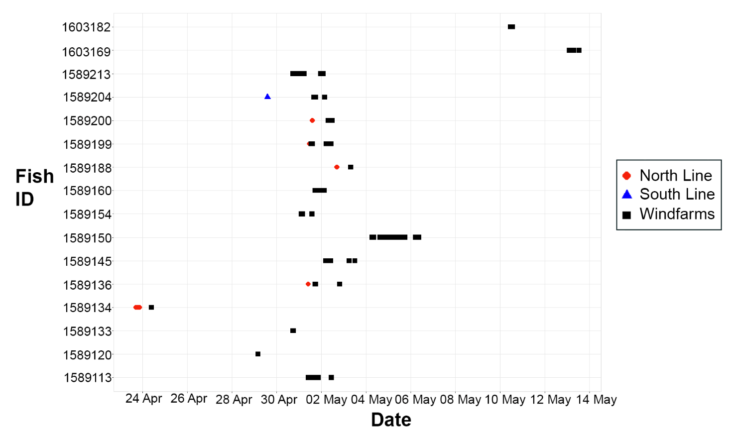 Scatter plot showing fish tracking data over time from 24 April to 14 May, with Fish ID on vertical axis and Date on horizontal axis. Data points include red circles for North Line, blue triangles for South Line, and black squares for Windfarms, highlighting fish presence and movement patterns across different locations.