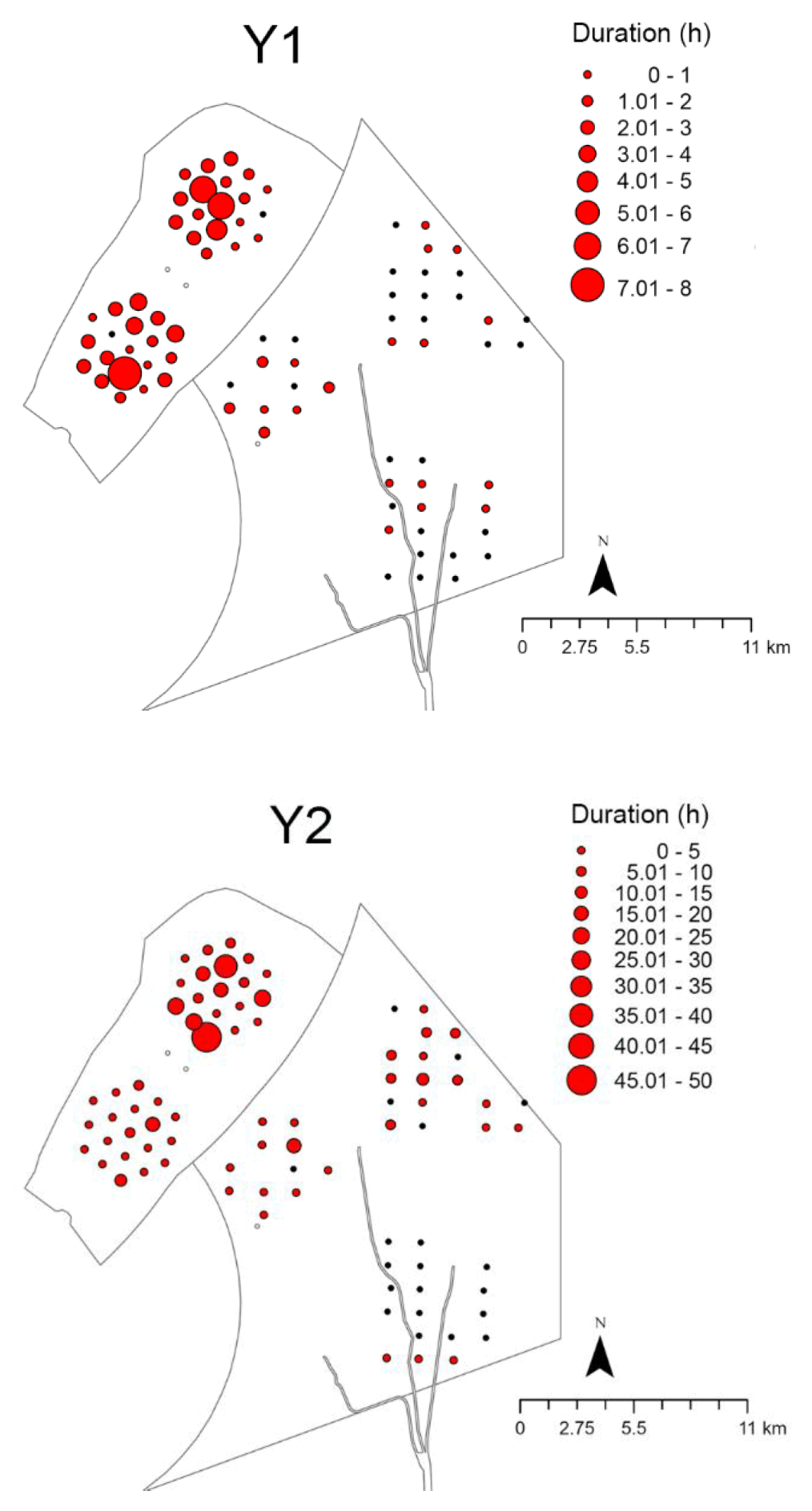 Two side-by-side maps display spatial distribution of duration in hours, represented by red circles of varying sizes, across regions labelled Y1 and Y2. Each map includes a legend indicating duration ranges from 0-1 to 45-50 hours, with larger circles showing longer durations concentrated in northern areas.