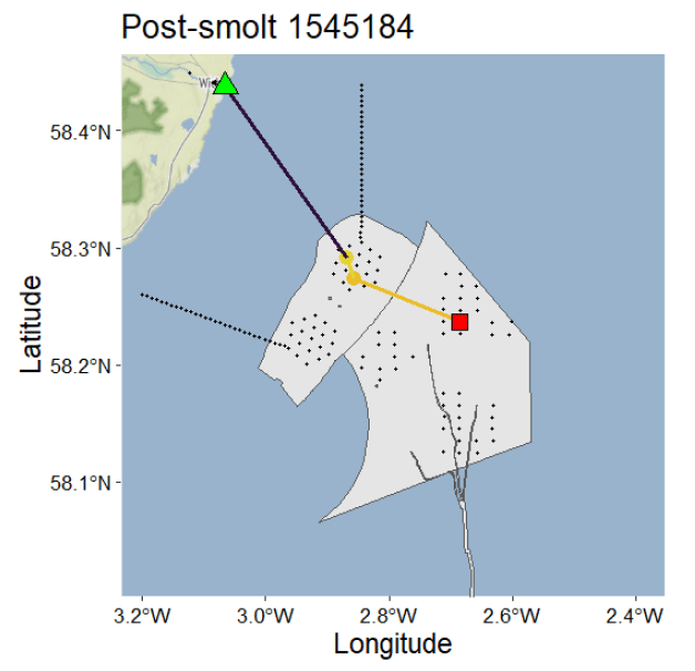 Map showing post-smolt 1545184 tracking data with latitude and longitude coordinates. Key elements include a green triangle, red square, and yellow circle connected by lines, indicating movement paths within a shaded area representing a specific marine region.