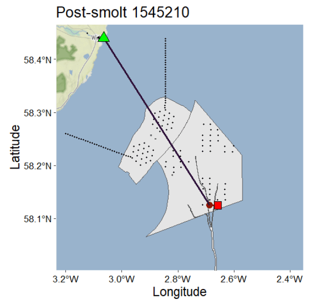 Map showing post-smolt 1545210 tracking data with latitude and longitude coordinates. Key elements include a green triangle and red square connected by a purple line, overlaid on a grey shaded area with dotted patterns indicating specific zones.