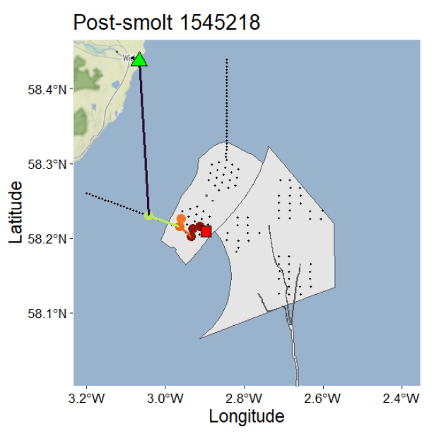 Map showing post-smolt tracking data with latitude and longitude coordinates marked on axes. Key elements include a green triangle, red square, orange and yellow dots connected by lines, and a grey shaded area with black dashed boundaries, indicating movement patterns and specific locations.