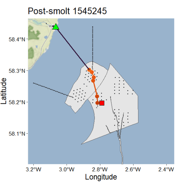 Map showing post-smolt tracking data with latitude and longitude coordinates marked on axes. It features a green triangle, red square, and orange dots connected by lines over a grey shaded area with dotted patterns, indicating movement path and key locations.
