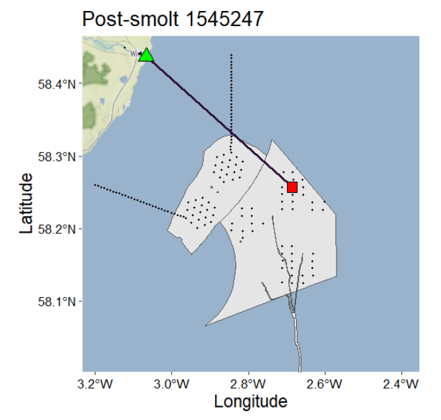 Map showing post-smolt 1545247 tracking data with latitude and longitude coordinates. Key features include a green triangle marking the starting point, a red square indicating a significant location, and a purple line representing the movement path across a coastal area.