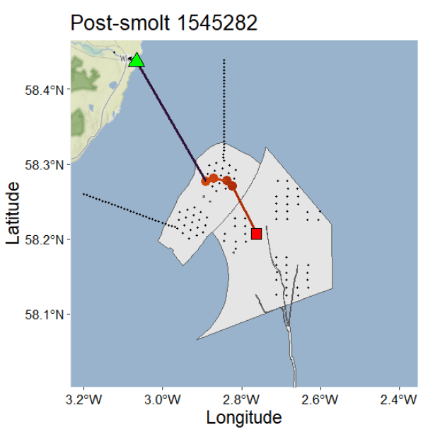 Map showing post-smolt 1545282 tracking data with latitude and longitude coordinates. Features include a green triangle and red square markers connected by a dark line, overlaid on a shaded area with dotted patterns indicating specific zones.
