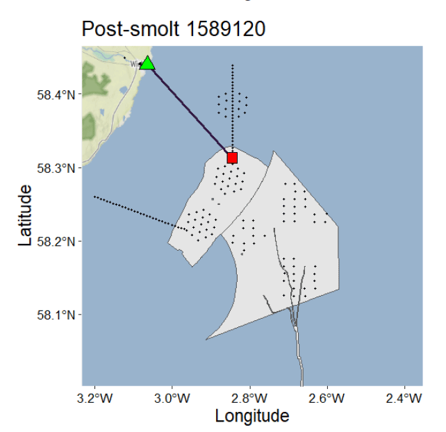 Map showing post-smolt 1589120 tracking data with latitude and longitude coordinates. Features include a green triangle and red square connected by a purple line, shaded grey areas with black dotted patterns, and dashed black lines indicating movement or boundaries.