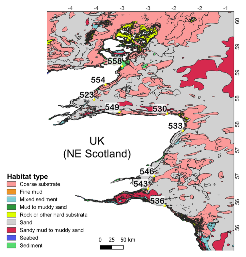  Figure 1. Map of the northeast (NE) of Scotland (United Kingdom) showing the locations of the passive acoustic mooring sites and associated EUNIS habitat types. Site 554 is Latheron, 523 is Helmsdale, 549 is Spey bay, 530 is Fraserburgh, 533 is Cruden Bay, 546 is Arbroath, 543 is St Andrews and 536 is St Abbs. Site 558 is Duncansby Head which was excluded from the analysis.  