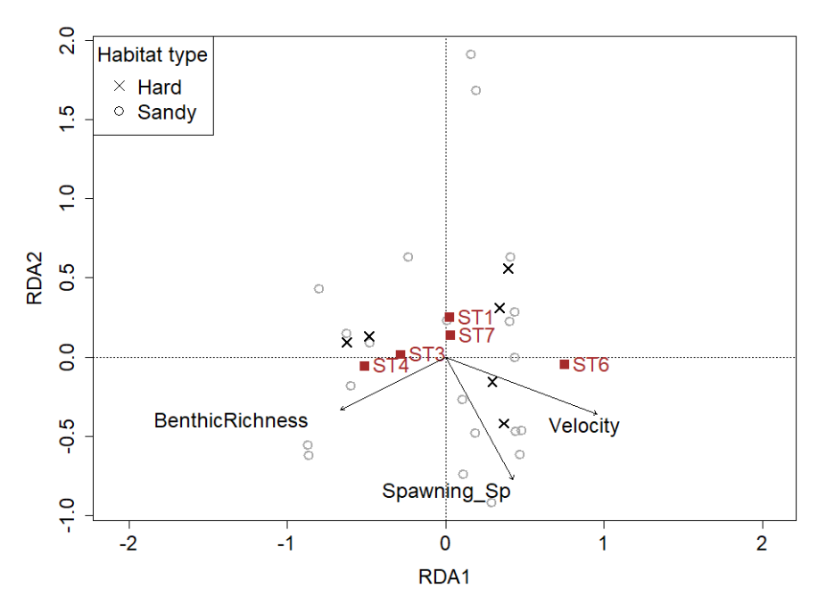Figure 3. RDA plot showing the relationship between the acoustic communities and biodiversity and environmental variables, highlighting patterns of variation and key drivers of differentiation. ST1 is “Thump”, ST3 is “Grunt”, ST4 is “Scrape”, ST6 is “Tap” and ST7 is “Crackle”.